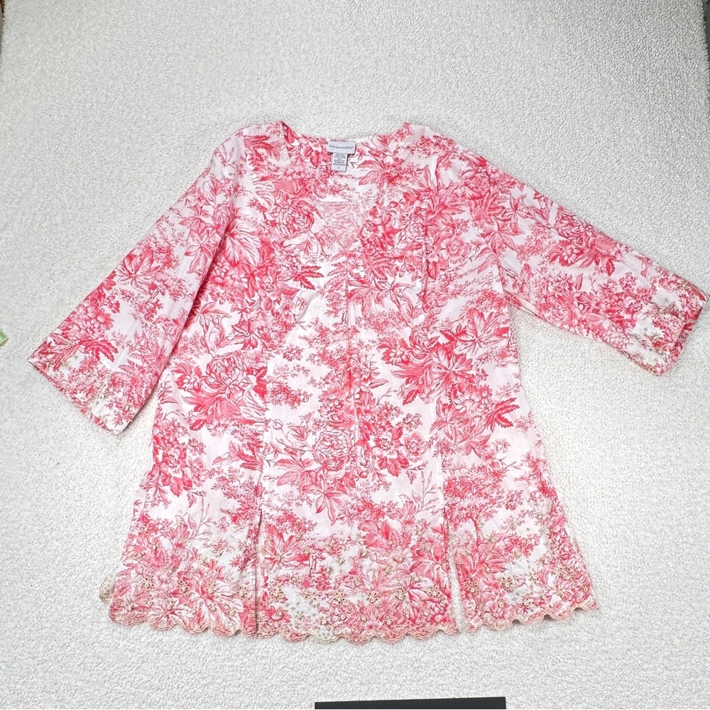 Soft Surroundings Red‎ White Toile Tunic Blouse Top Size 1x Beaded Lightweight